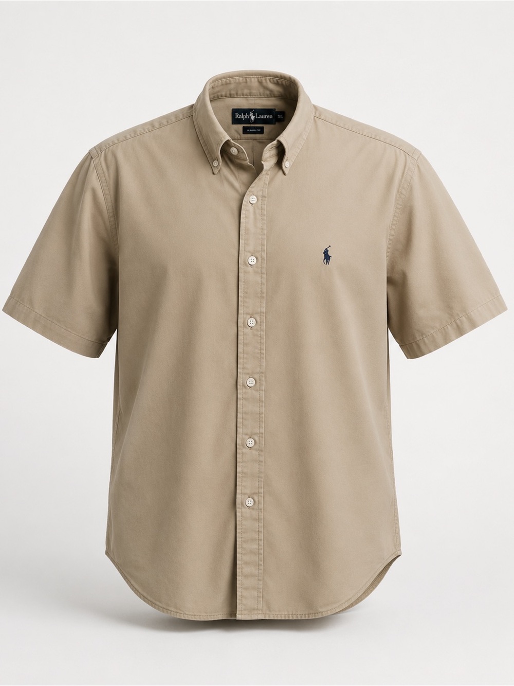Ralph Lauren Men’s Short-Sleeve Blaire Cotton Button-Down Shirt Tan Navy Pony XL